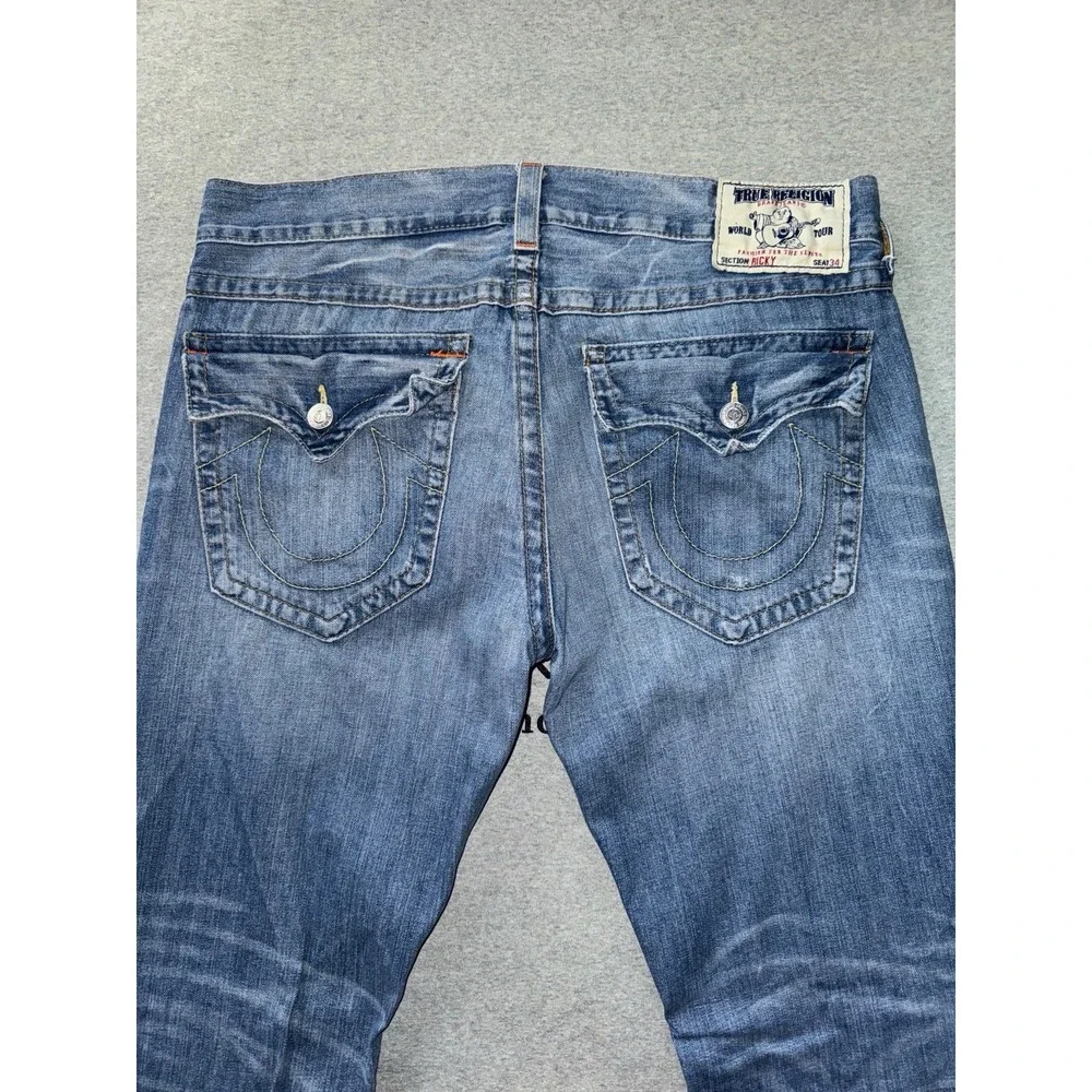 True Religion Jeans Men's Ricky Blue Denim Straight Leg Distressed Size 38